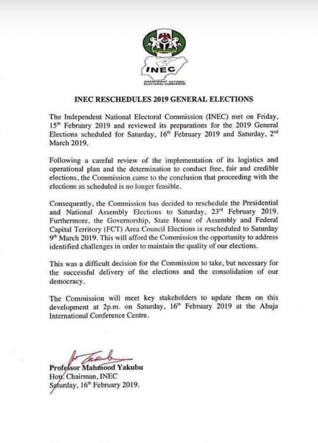 Breaking News: INEC Nigeria Reschedules 2019 General Elections