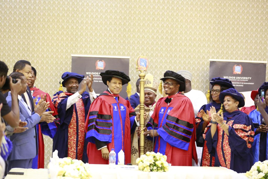Pastor Chris Conferred with University Chancellor and Head of Government/Chairman of Institution, Weldios University